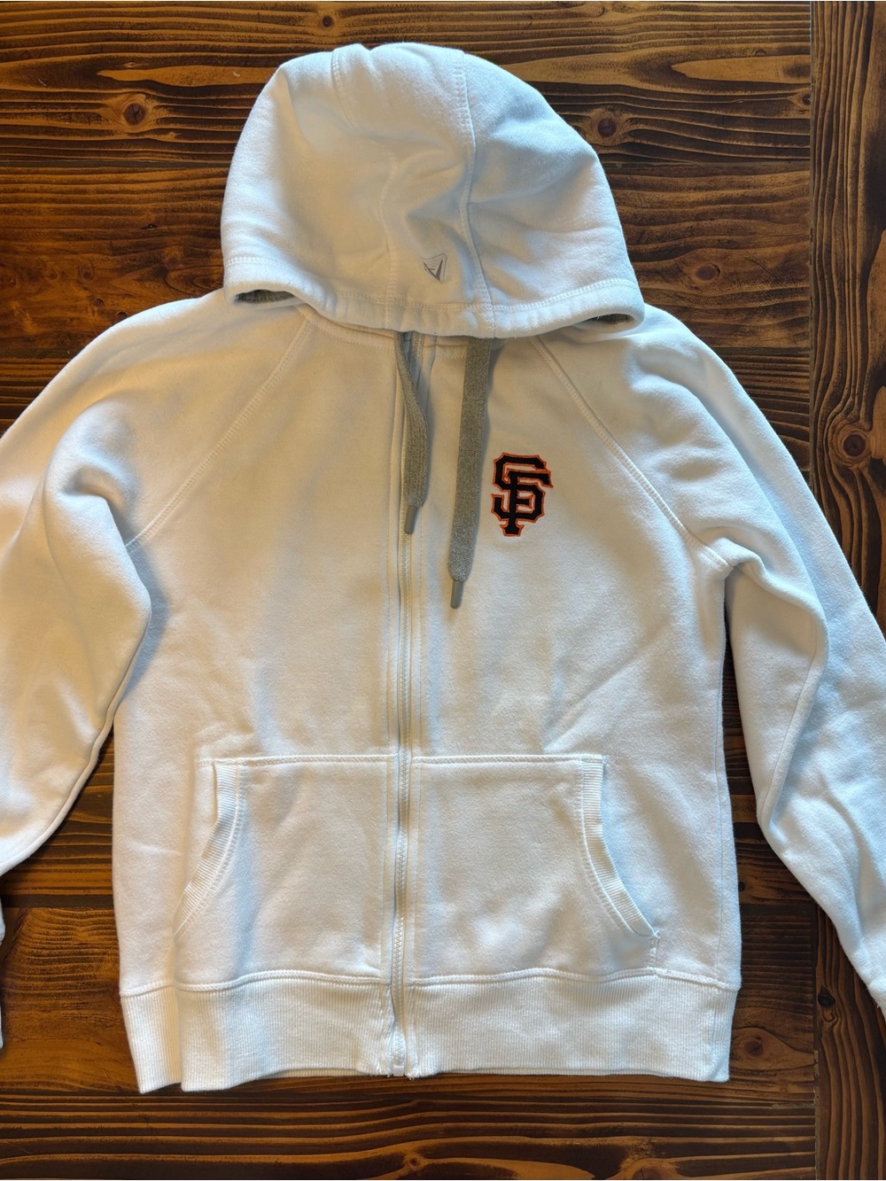 Antigua MLB White Hooded Zip Jacket with Gray Drawstrings & Orange SF Logo